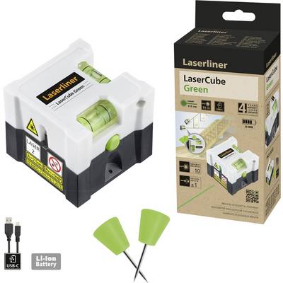 'Laserliner LaserCube Green' is a green cross-line laser with USB-C connection, lithium-ion battery, self-levelling, including tripod thread and case.