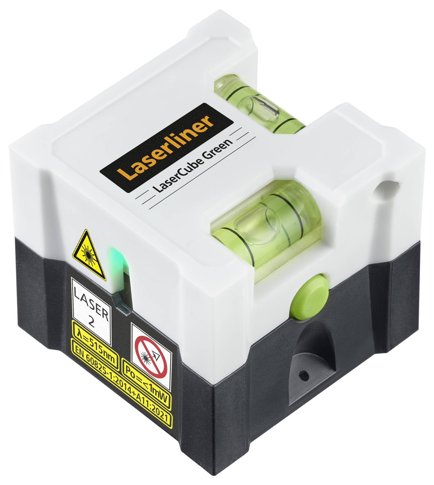 A white LaserCube with a green spirit level and green laser indication, product name 'Laserliner LaserCube Green', used for precise alignment.