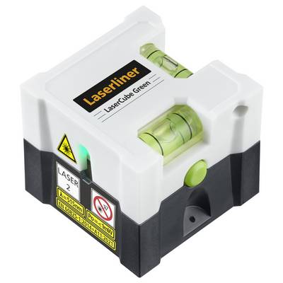 A white LaserCube with a green spirit level and green laser indication, product name 'Laserliner LaserCube Green', used for precise alignment.