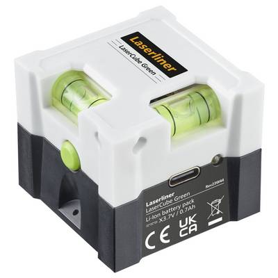 A laser measuring device with spirit level and USB connection, compact and portable. Markings: 'Laserliner', 'LaserCube Green'.