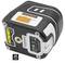 Laser measuring device in black and white finish with yellow accents, square shape, 1/4 inch mounting option underneath, CE and UK marks.