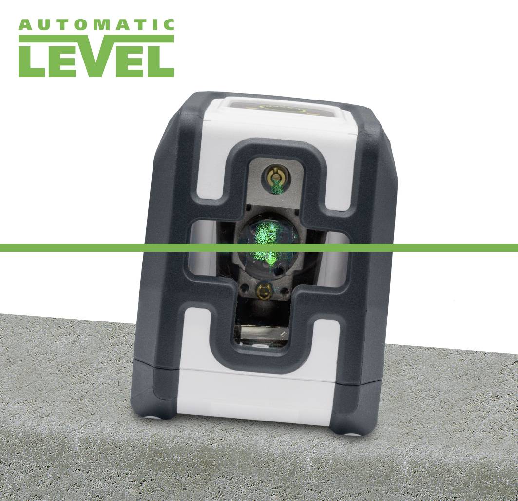 An automatic laser leveller projects a green line onto a grey background.