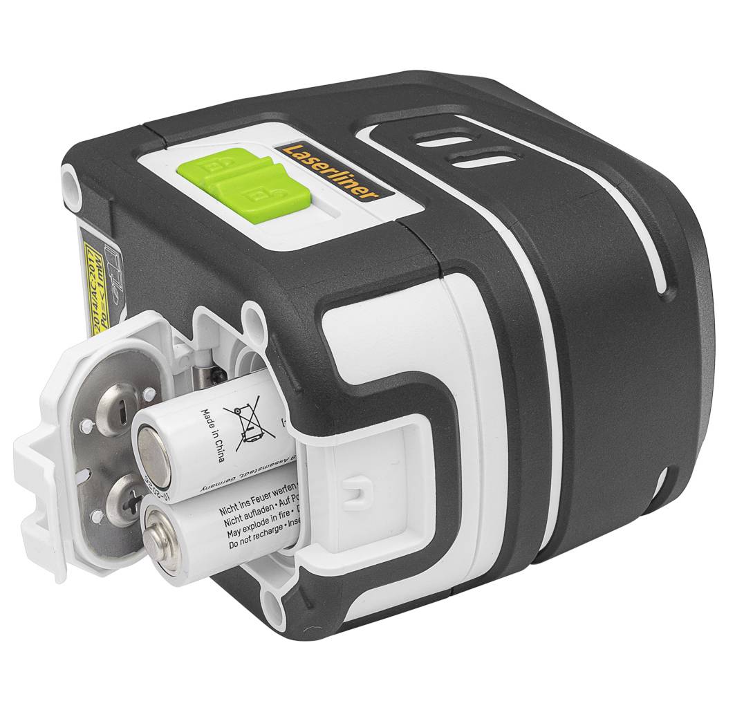 Compact cross-line laser in a black and white casing, with battery compartment open, showing two AA batteries.