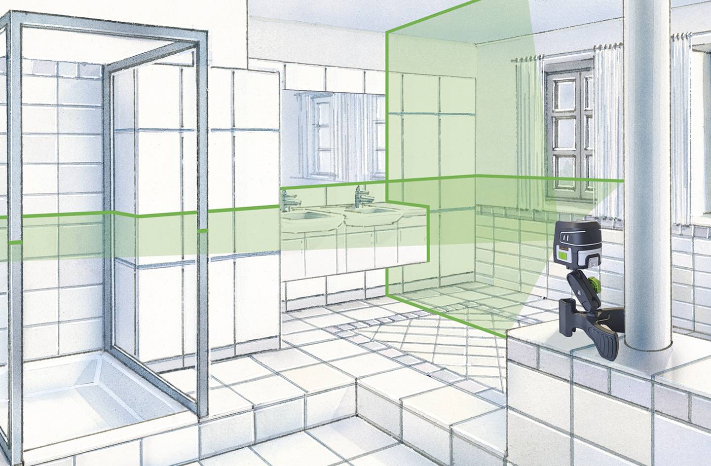 A laser tool projects green lines onto walls and floors in a bathroom to enable precise measurements for tiling work.