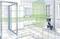 A laser tool projects green lines onto walls and floors in a bathroom to enable precise measurements for tiling work.