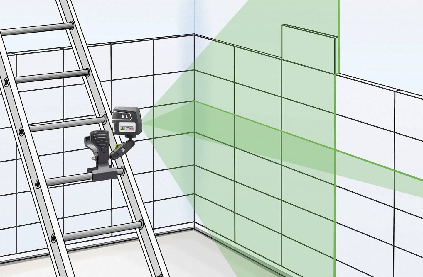 A spirit level projects green laser lines onto a tiled wall from a ladder. Helps with precise alignment.