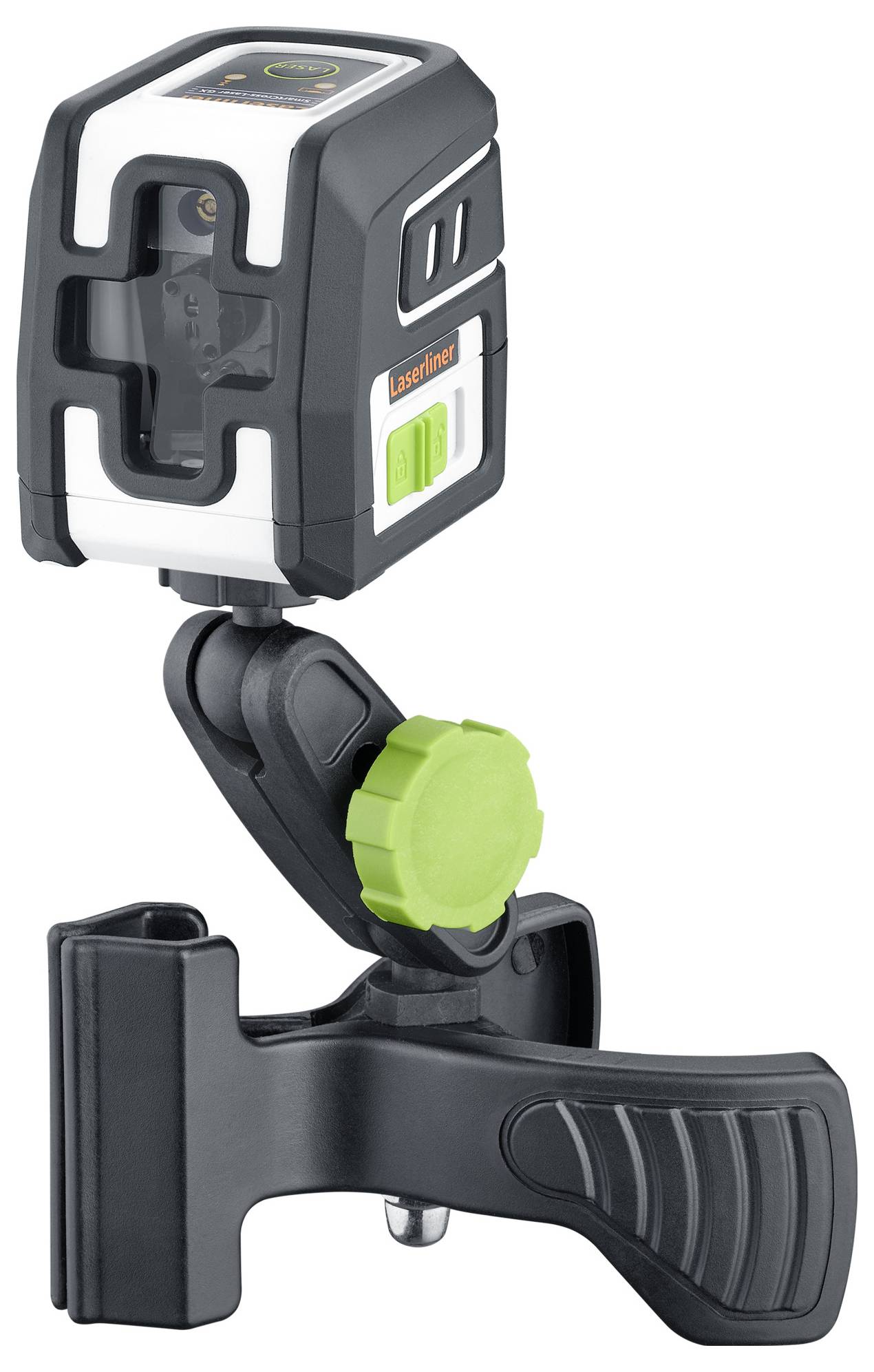 A cross-line laser with mounting bracket. The device has a black housing with green and white accents. It is mounted on a flexible pivot arm.