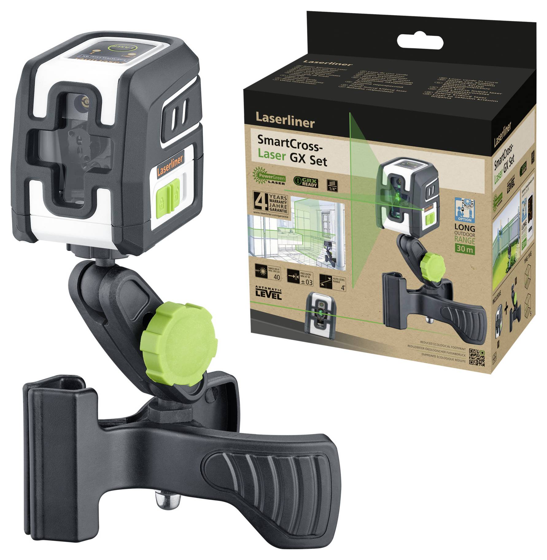 Laser spirit level with black mounting bracket and green adjustment screw, positioned next to the product packaging. Packaging displays information about the model and its applications.