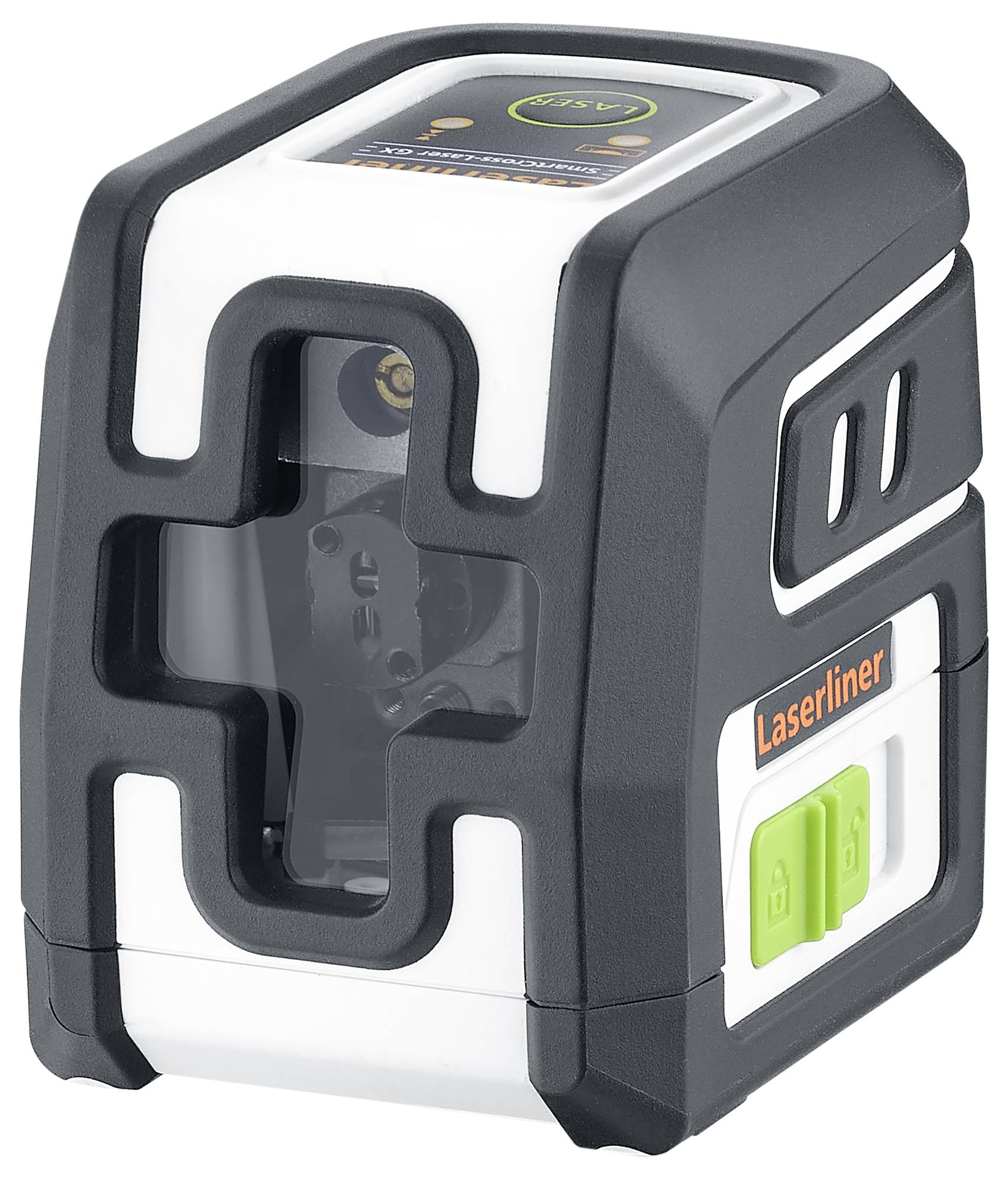 A compact laser distance measurer in black and white, marked with the 'Laserliner' brand, featuring two illuminated green buttons.