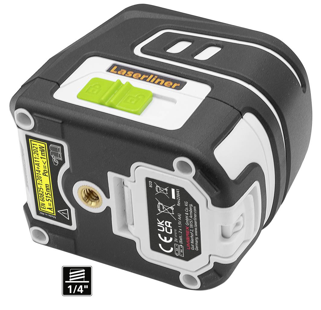 Cube-shaped laser measuring device with green and black accents, two control buttons, threaded opening, and safety markings.