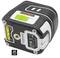 Cube-shaped laser measuring device with green and black accents, two control buttons, threaded opening, and safety markings.