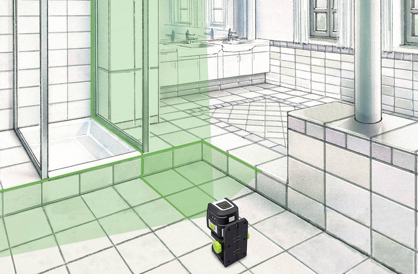 A bathroom with tiled flooring. A small laser levelling device projects green lines onto the floor and wall, indicating measurement lines.