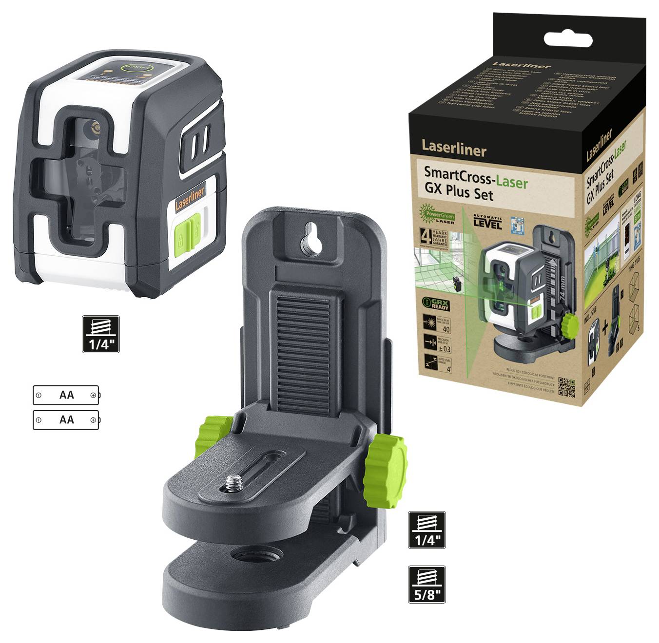 A laser device with a mounting base and product packaging. Measurement details and product specifications are visible on it.