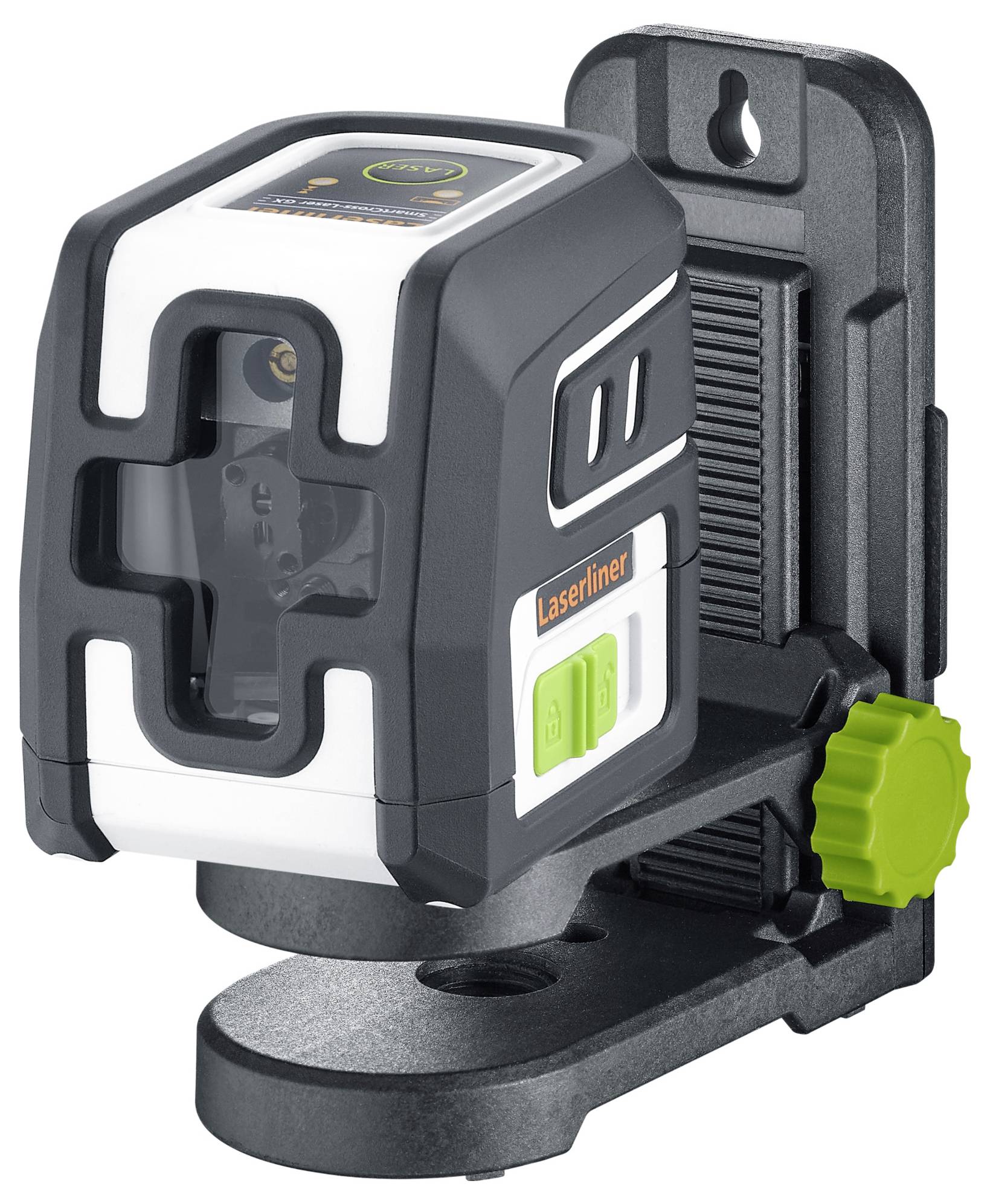 A digital laser measuring device on a mount, with a black and white housing featuring green control elements.
