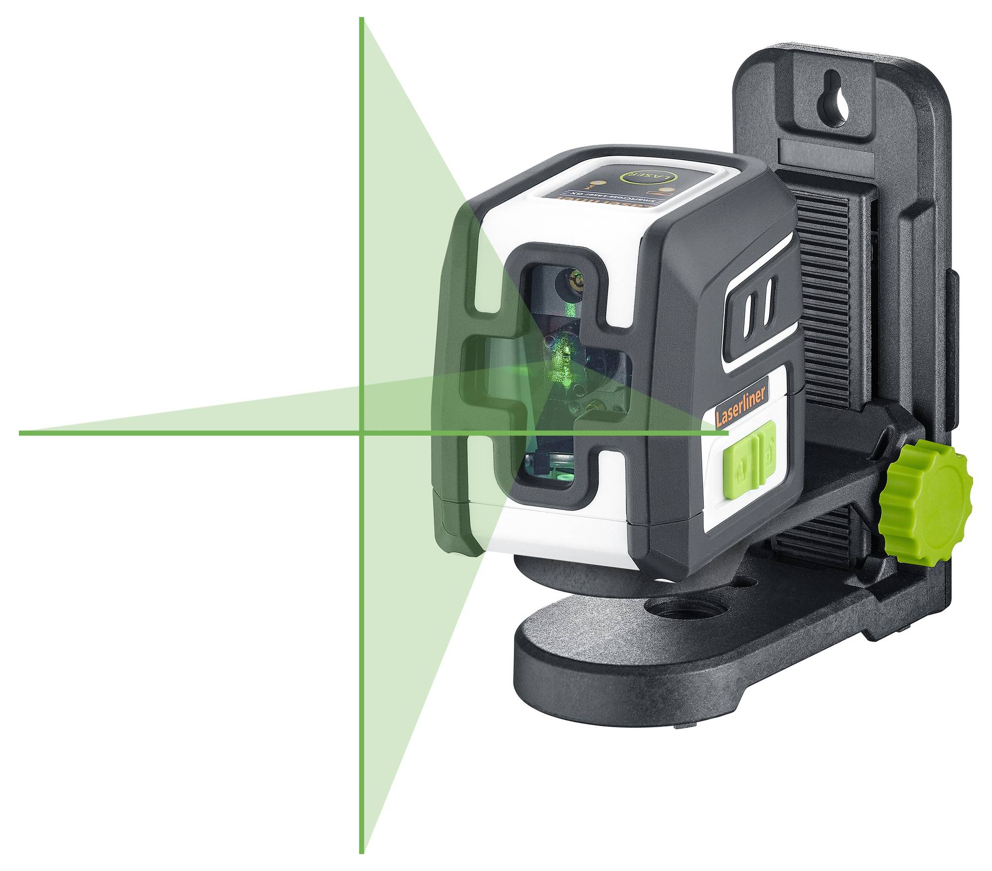 A green cross-line laser on a tripod projects two intersecting lines. Suitable for precise alignment work.
