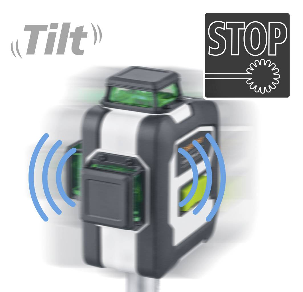 A device shows movement through blue waves, with the words 'Tilt' and 'STOP' at the top.