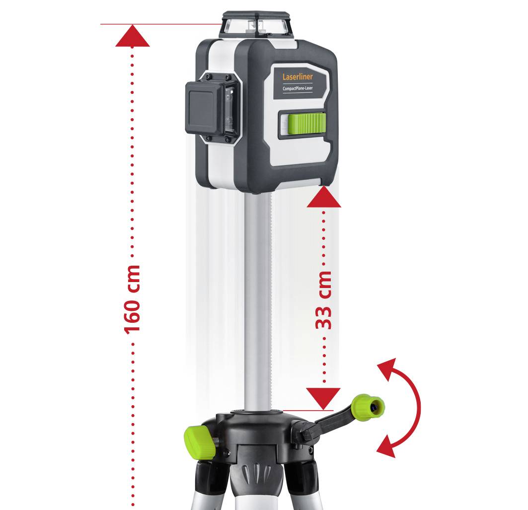 A laser levelling device on a tripod is 160 cm high. The central shaft is 33 cm long. A lever allows for angle adjustment.