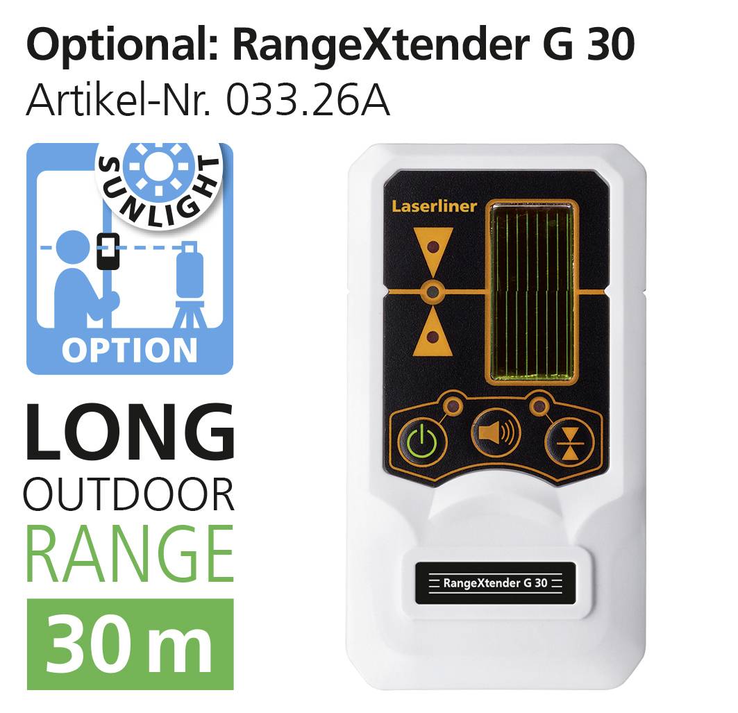'Laserliner RangeXtender G 30' Sensor for Range Extension. 'Optional: RangeXtender G 30', Article No. 033.26A. Range up to 30 m.