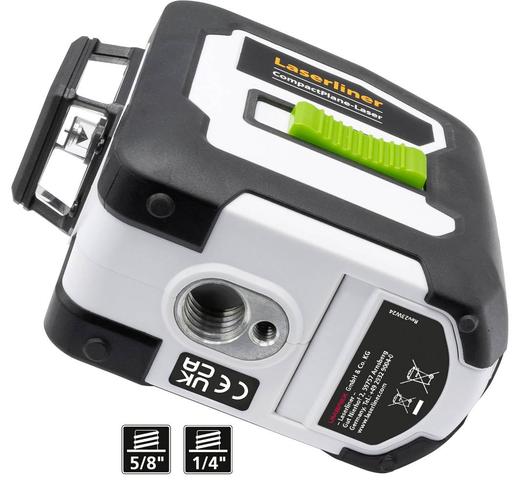 A compact cross-line laser with two tripod connections (5/8" and 1/4") and warning notice on the front.