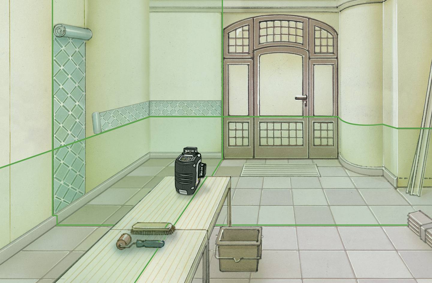 A room with tiled flooring, a wooden door with glass panels, a wallpapering table, a toolbox, and wallpaper. Objects are prepared for renovation.