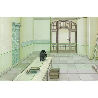 A room with tiled flooring, a wooden door with glass panels, a wallpapering table, a toolbox, and wallpaper. Objects are prepared for renovation.