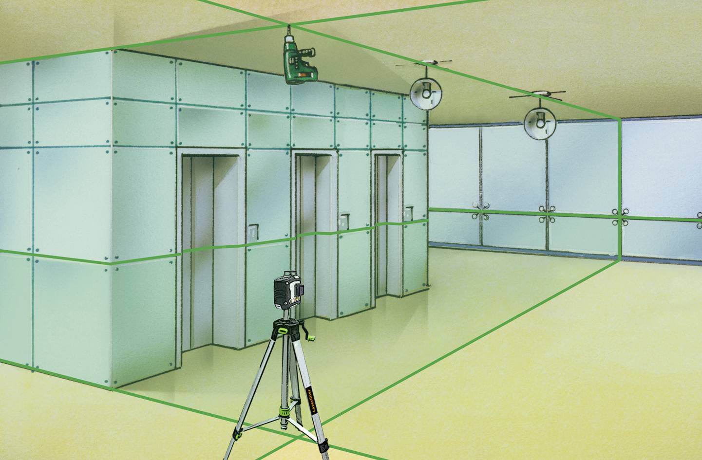 A room with two lasers for measurement: One on a tripod and one on the ceiling. They project green lines across the space.