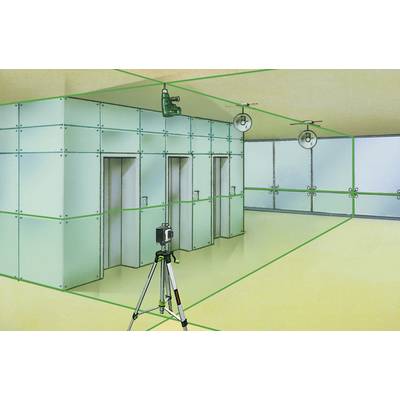 A room with two lasers for measurement: One on a tripod and one on the ceiling. They project green lines across the space.