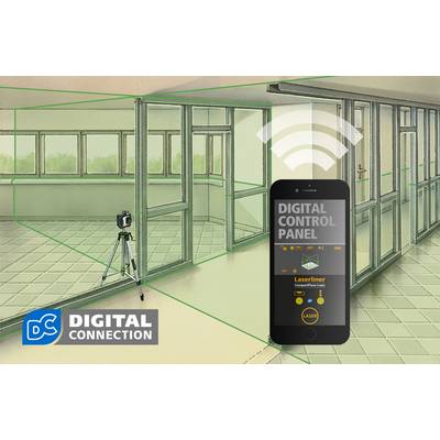 A digitally controlled laser measuring device stands in a room next to a smartphone displaying the "Digital Control Panel" app.