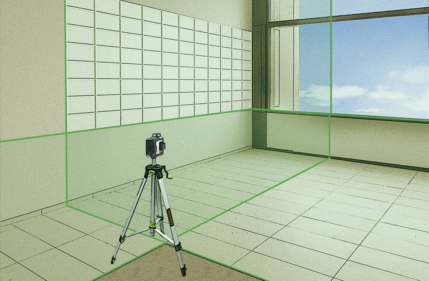 'Laser measuring device on tripod is aligning itself in an empty room. White grid lines on the wall, blue window with cloudy sky.'
