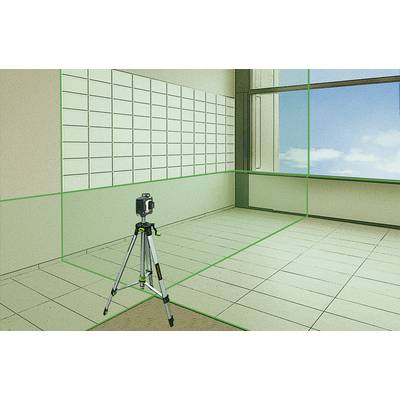 'Laser measuring device on tripod is aligning itself in an empty room. White grid lines on the wall, blue window with cloudy sky.'
