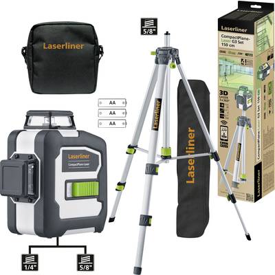 'Laserliner CompactPlane Laser G3 Set': Contains laser device, tripod, transport case, batteries, packaging. Suitable for precise laser applications.