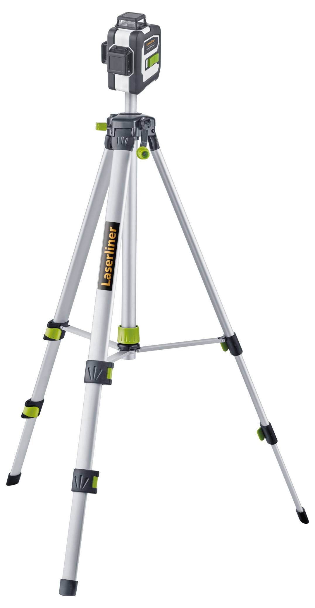 A silver tripod with a mounted spirit level on top. The tripod has adjustable legs and the spirit level projects lines.