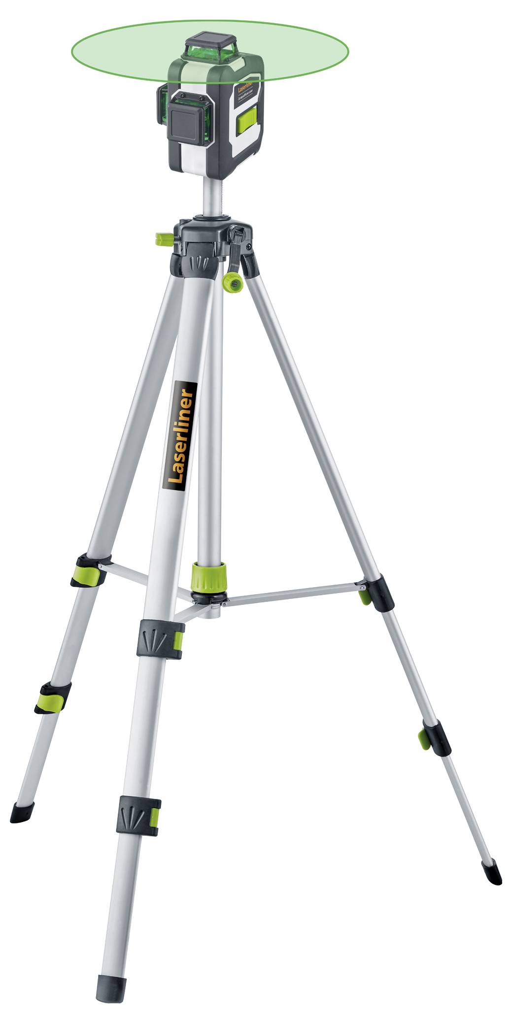 A grey tripod with a green laser level mounted on it, used for construction and surveying work.