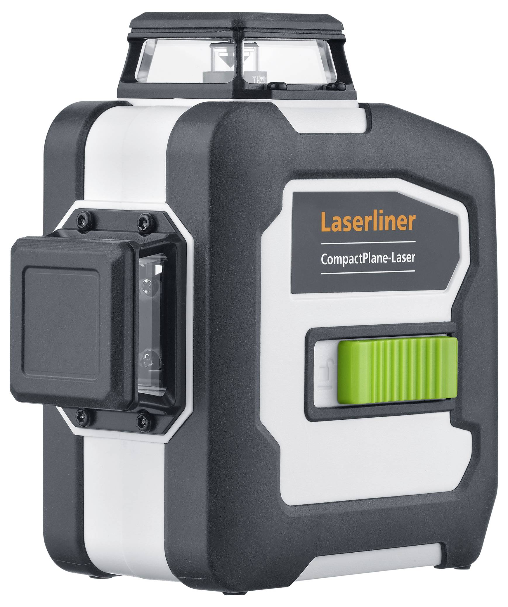 A compact, black and white laser level CompactPlane Laser with a green control element for horizontal alignment indication.
