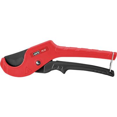A red pipe cutter with a black handle, suitable for cutting plastic pipes.