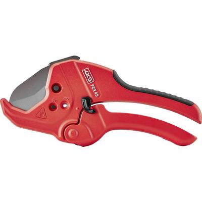 Red pipe cutter by KTS with sharp blade and ergonomic handle, suitable for cutting plastic pipes.