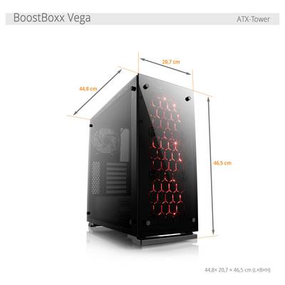 Black ATX tower case with red lighting effects at the front, dimensions: 44.8 cm long, 20.7 cm wide, 46.5 cm high.