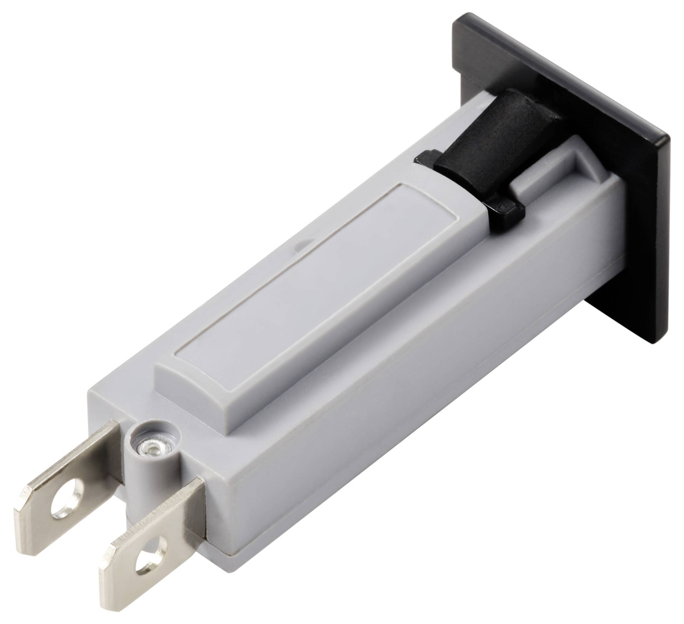 Electronic component with two metal terminals and a black plastic housing.