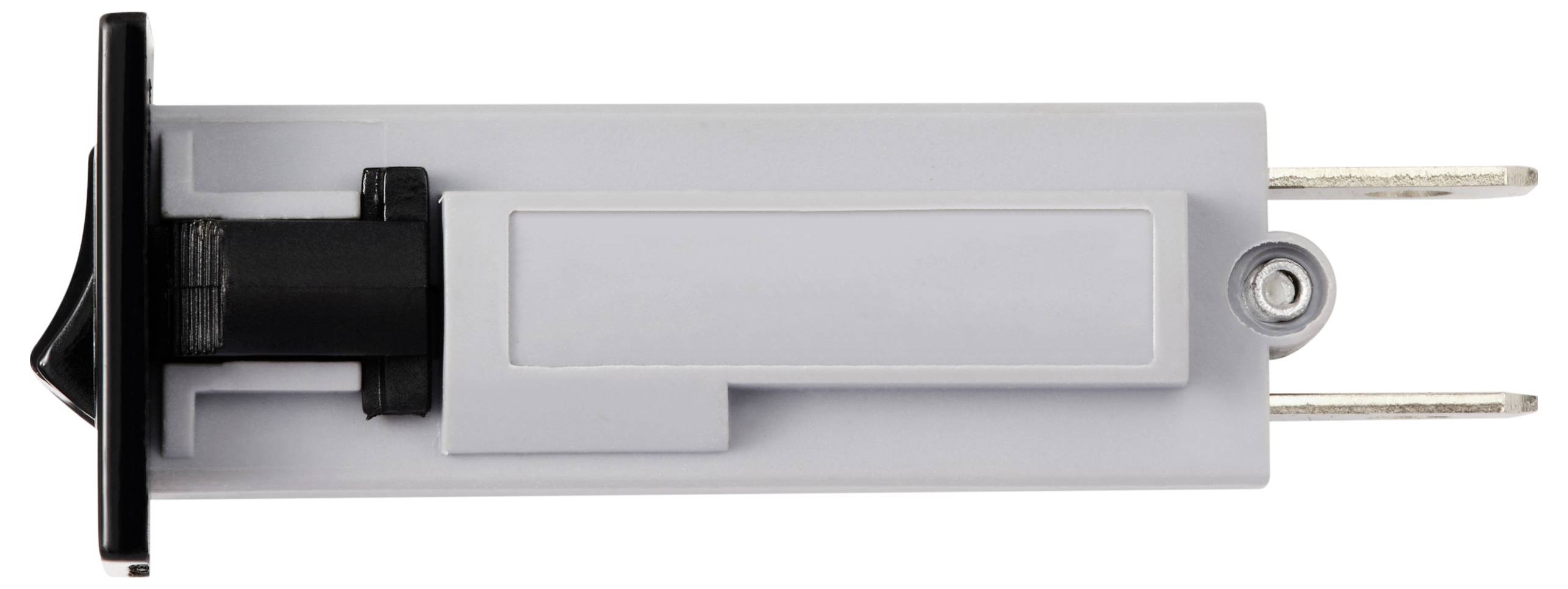 A rectangular, flat plastic plug with two metal pins and a black handle positioned to the right.