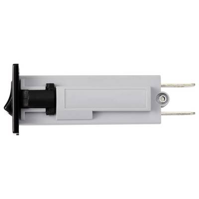 A rectangular, flat plastic plug with two metal pins and a black handle positioned to the right.