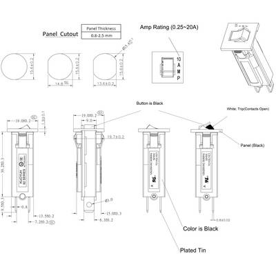 'Diagram of a fuse holder with technical specifications. Includes dimensions, current rating of 0.25-20A and colour Black.'
