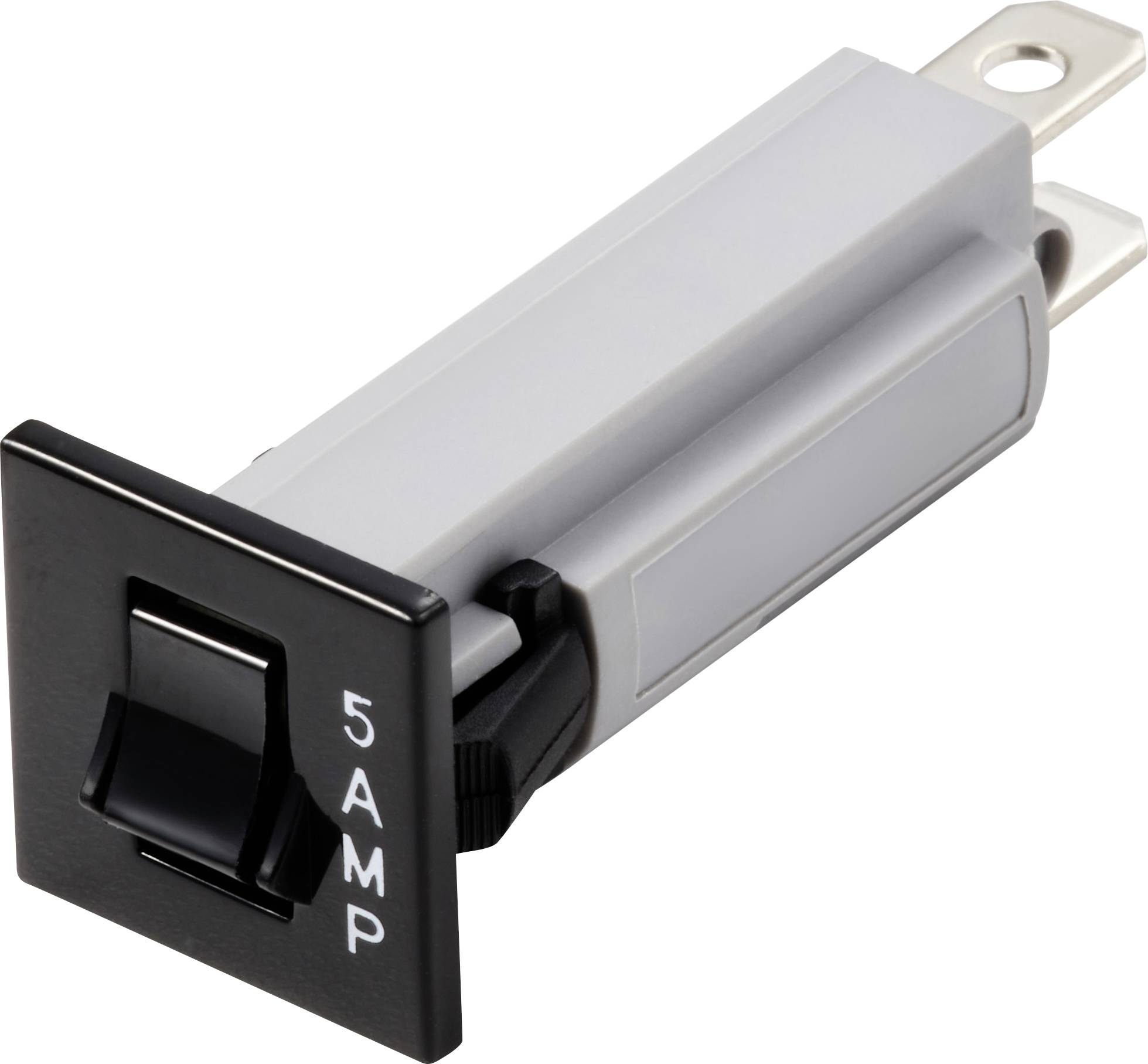 An electrical circuit breaker with a black cover and the inscription '5 AMP' on the front. Suitable for protecting electrical circuits.