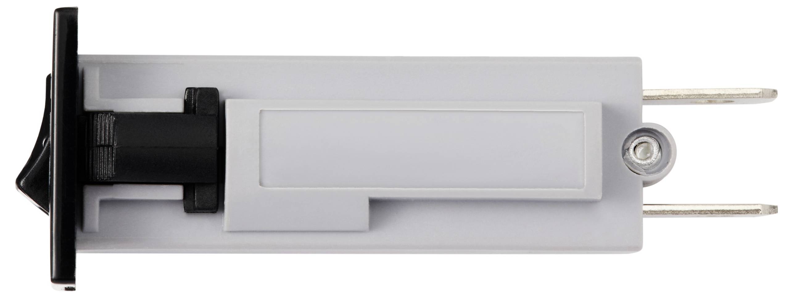 Grey, rectangular plug adapter with two metal pins and a black sliding switch, side view.