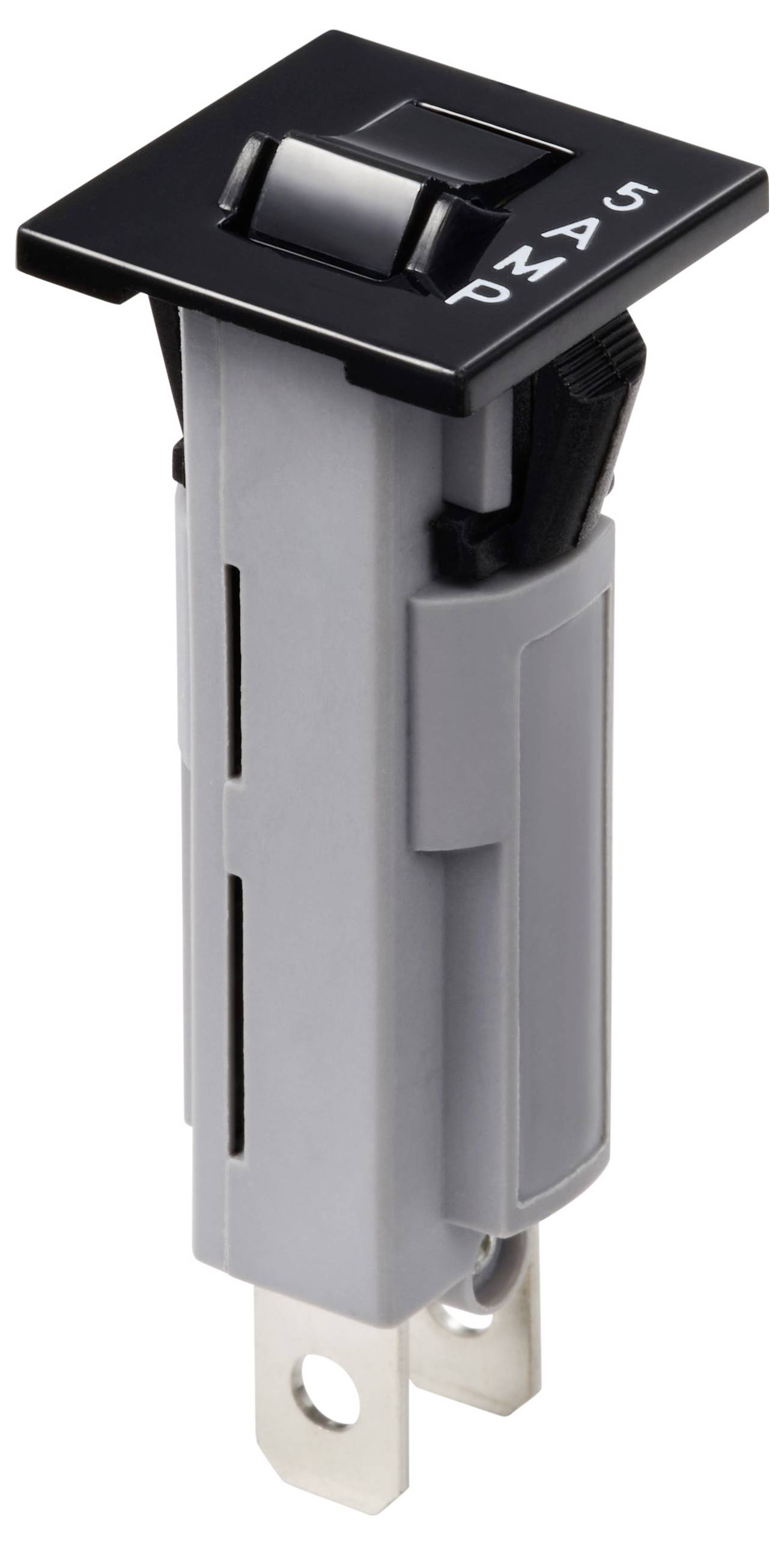 A grey circuit breaker with a black button and labelling. The switch is designed for electrical control.