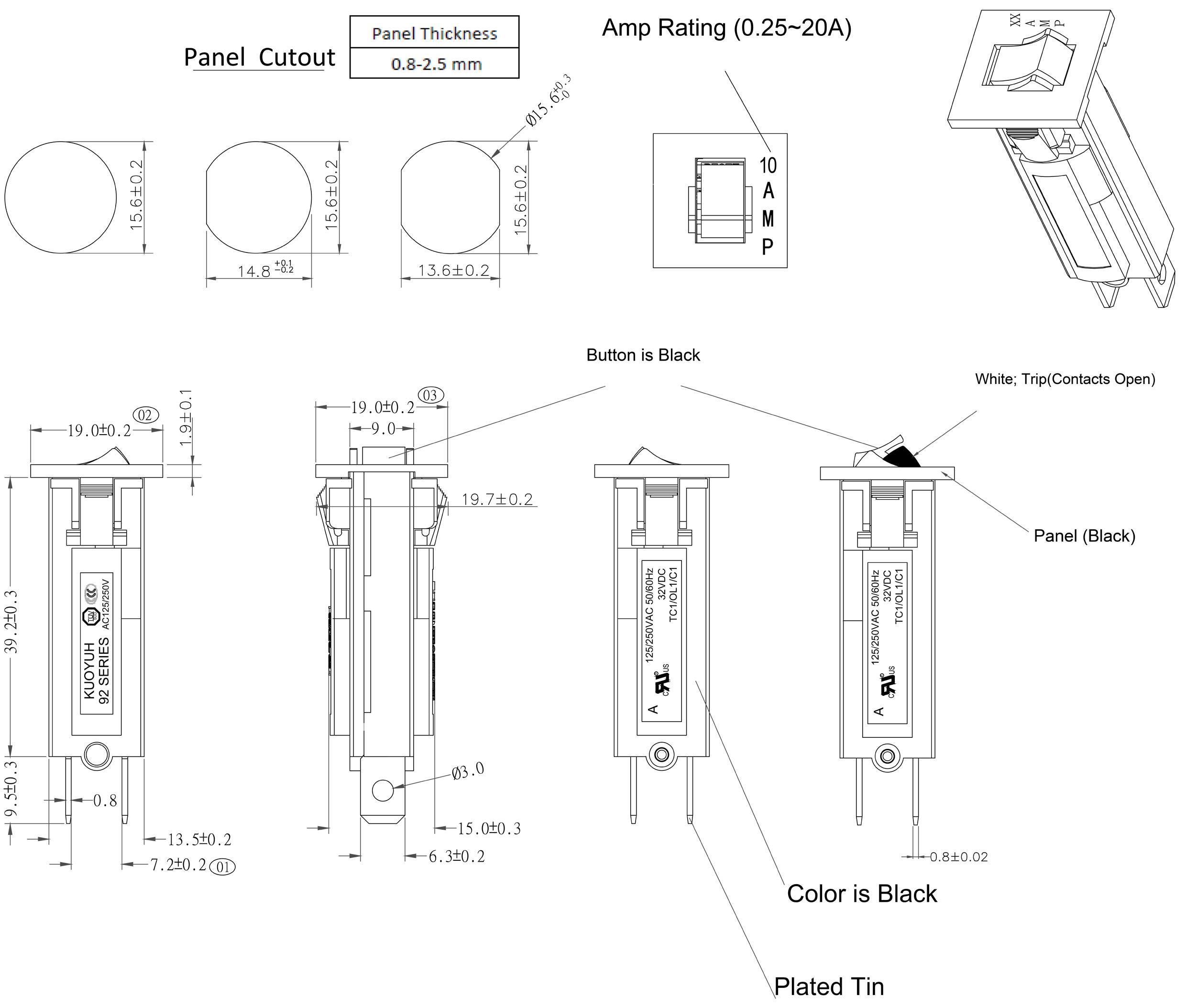 'Technical drawing of an electrical fuse holder. Shows dimensions, panel thickness (0.8-2.5 mm), amperage rating (0.25-20A), colour Black, tinned.'