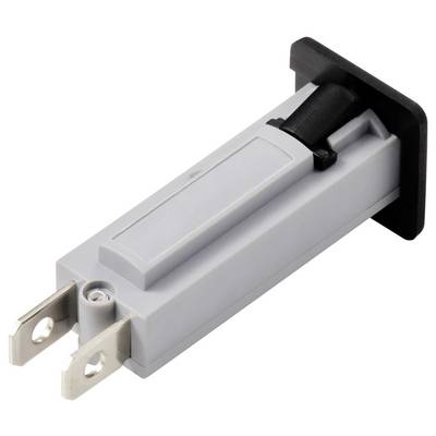 A rectangular, grey electrical resistor with two flat pin connectors and a black plastic cap.