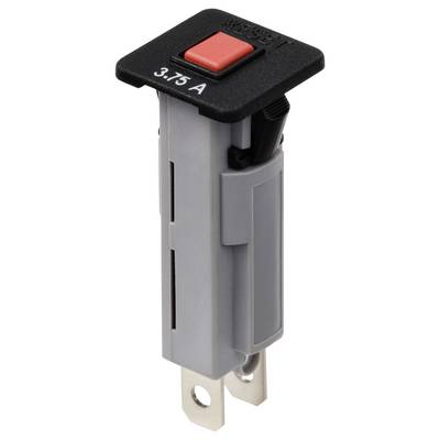 A black and grey circuit breaker with a red button and inscription '3.75 A', used in electrical circuits.