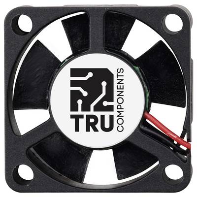 'Computer fan by TRU Components with a black frame and four fan blades. Two red cables are visible on the right side.'