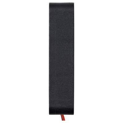 A rectangular, flat, black object with a red wire underneath.