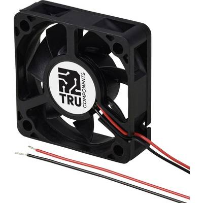 Compact black fan with a TRU Components logo in the centre, showing red and black wires for electrical connection.